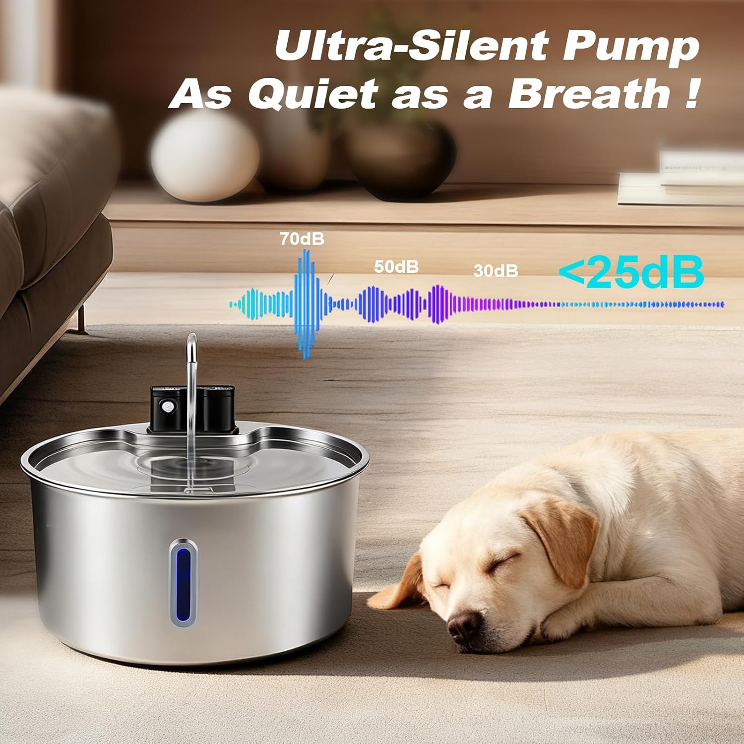 Dog Water Fountain for Large Dogs, 7L/1.8Gal Wireless Dog Water Dispenser, Stainless Steel Automatic Pet Fountain Indoor/Outdoor with Ultra-Quiet Pump, Easy Clean