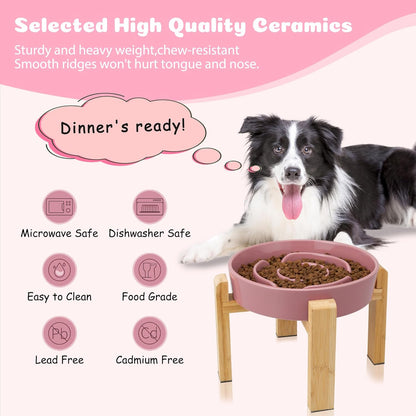 Elevated Slow Feeder Dog Bowl - Ceramic Food Dish with Bamboo Stand - Raised Maze Design - Ideal for Medium to Large Dogs - Pink - 8.8 Inch