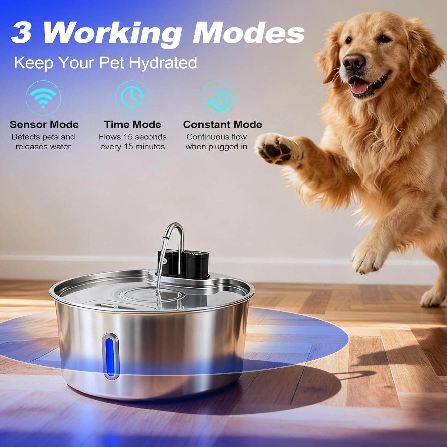 Dog Water Fountain for Large Dogs, 7L/1.8Gal Wireless Dog Water Dispenser, Stainless Steel Automatic Pet Fountain Indoor/Outdoor with Ultra-Quiet Pump, Easy Clean