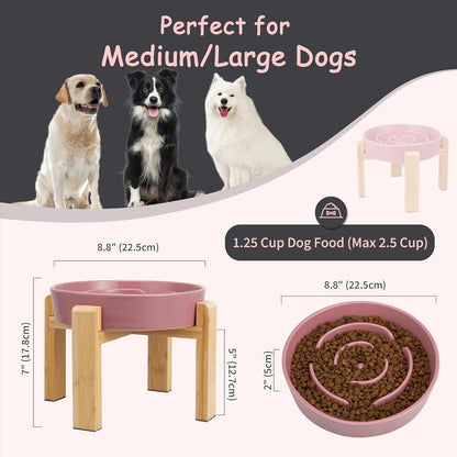 Elevated Slow Feeder Dog Bowl - Ceramic Food Dish with Bamboo Stand - Raised Maze Design - Ideal for Medium to Large Dogs - Pink - 8.8 Inch