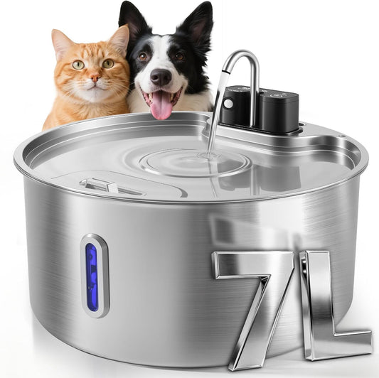 Dog Water Fountain for Large Dogs, 7L/1.8Gal Wireless Dog Water Dispenser, Stainless Steel Automatic Pet Fountain Indoor/Outdoor with Ultra-Quiet Pump, Easy Clean