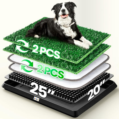 Super Absorbent Dog Grass Pad with Tray, 4-Layer Guard to Stop Leakage/Stink/Mess for Puppy Health, Reusable Washable Pee Pads for Dogs, Potty Training Dog Litter Box for Indoor Outdoor, 20"*25"