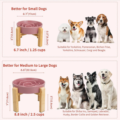 Elevated Slow Feeder Dog Bowl - Ceramic Food Dish with Bamboo Stand - Raised Maze Design - Ideal for Medium to Large Dogs - Pink - 8.8 Inch