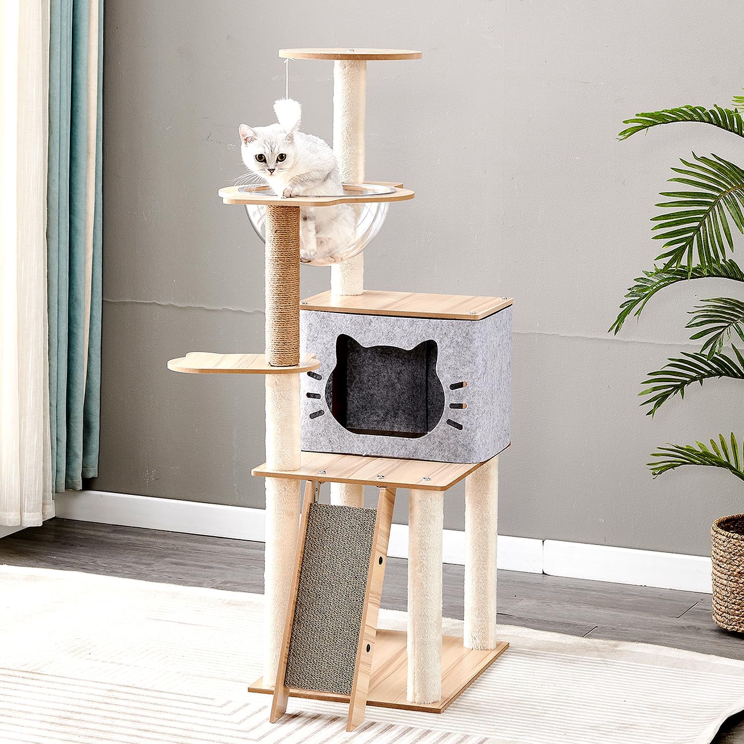 Wooden Cat Tree, 150Cm/130Cm/120Cm Cat Furniture with Scratching Posts, Modern Cat Tower with Hammocks, Toys, Cat Condo Modern Environmental-Friendly Woodcraft Style (1.2M)