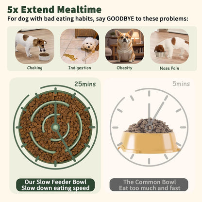 Elevated Slow Feeder Dog Bowl - Raised Ceramic Dog Bowl with Anti-Slip Stand - Fun Maze Dog Feeding Bowl for Fast Eater - Heavy Dog Food Dish - Designed for Small and Medium Dogs - Green - 6.7 Inch