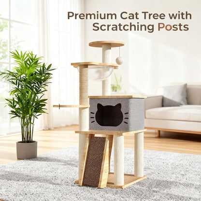 Wooden Cat Tree, 150Cm/130Cm/120Cm Cat Furniture with Scratching Posts, Modern Cat Tower with Hammocks, Toys, Cat Condo Modern Environmental-Friendly Woodcraft Style (1.2M)