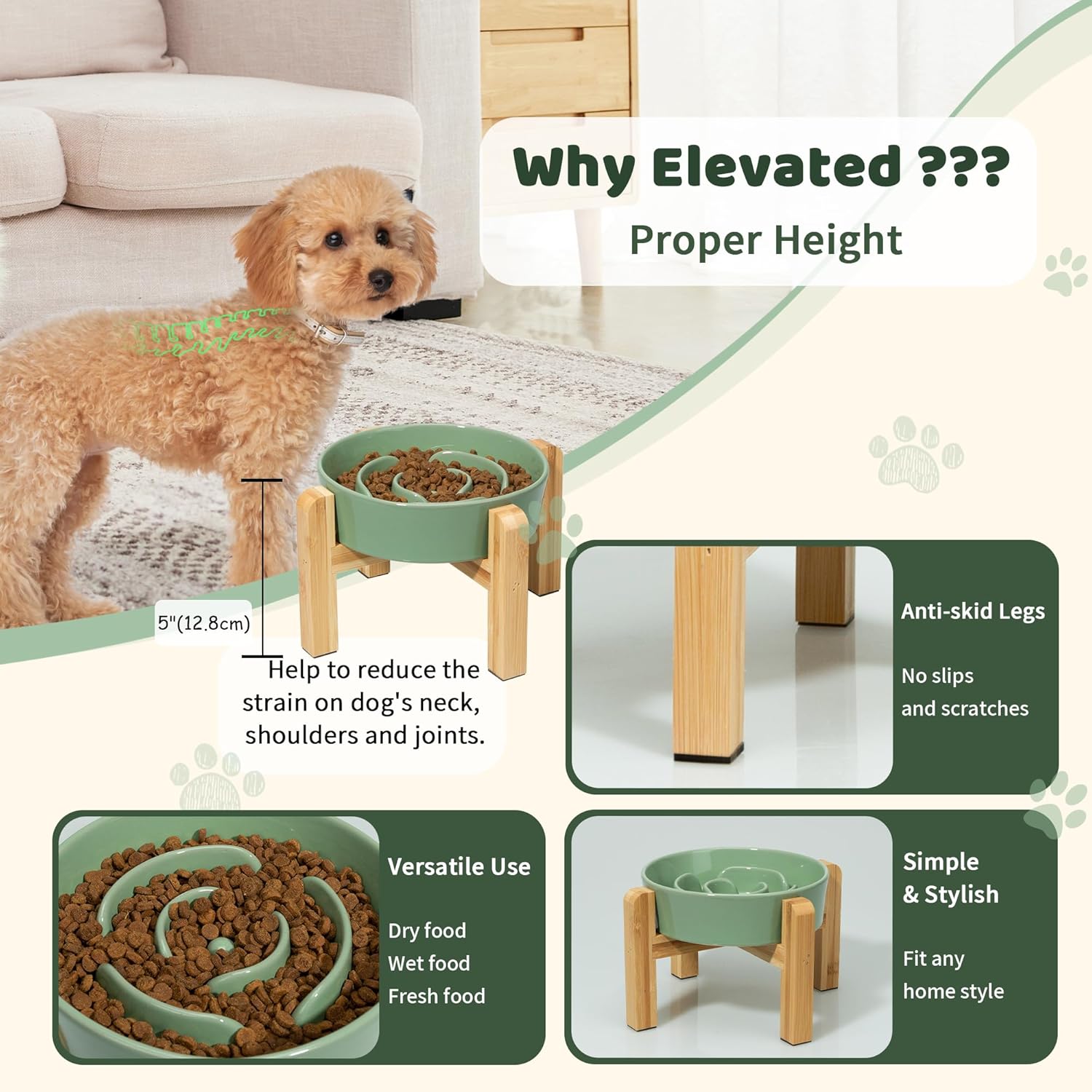 Elevated Slow Feeder Dog Bowl - Raised Ceramic Dog Bowl with Anti-Slip Stand - Fun Maze Dog Feeding Bowl for Fast Eater - Heavy Dog Food Dish - Designed for Small and Medium Dogs - Green - 6.7 Inch