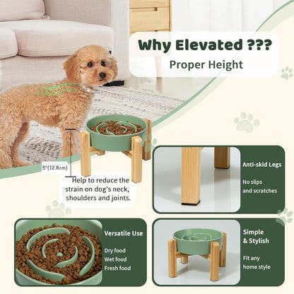 Elevated Slow Feeder Dog Bowl - Raised Ceramic Dog Bowl with Anti-Slip Stand - Fun Maze Dog Feeding Bowl for Fast Eater - Heavy Dog Food Dish - Designed for Small and Medium Dogs - Green - 6.7 Inch
