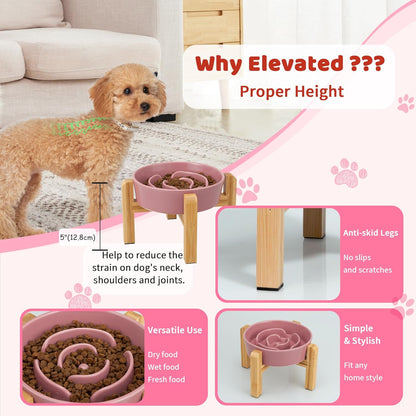 Elevated Slow Feeder Dog Bowl - Raised Ceramic Dog Bowl with Anti-Slip Stand - Fun Maze Dog Feeding Bowl for Fast Eater - Heavy Dog Food Dish - Designed for Small and Medium Dogs - Pink - 6.7 Inch