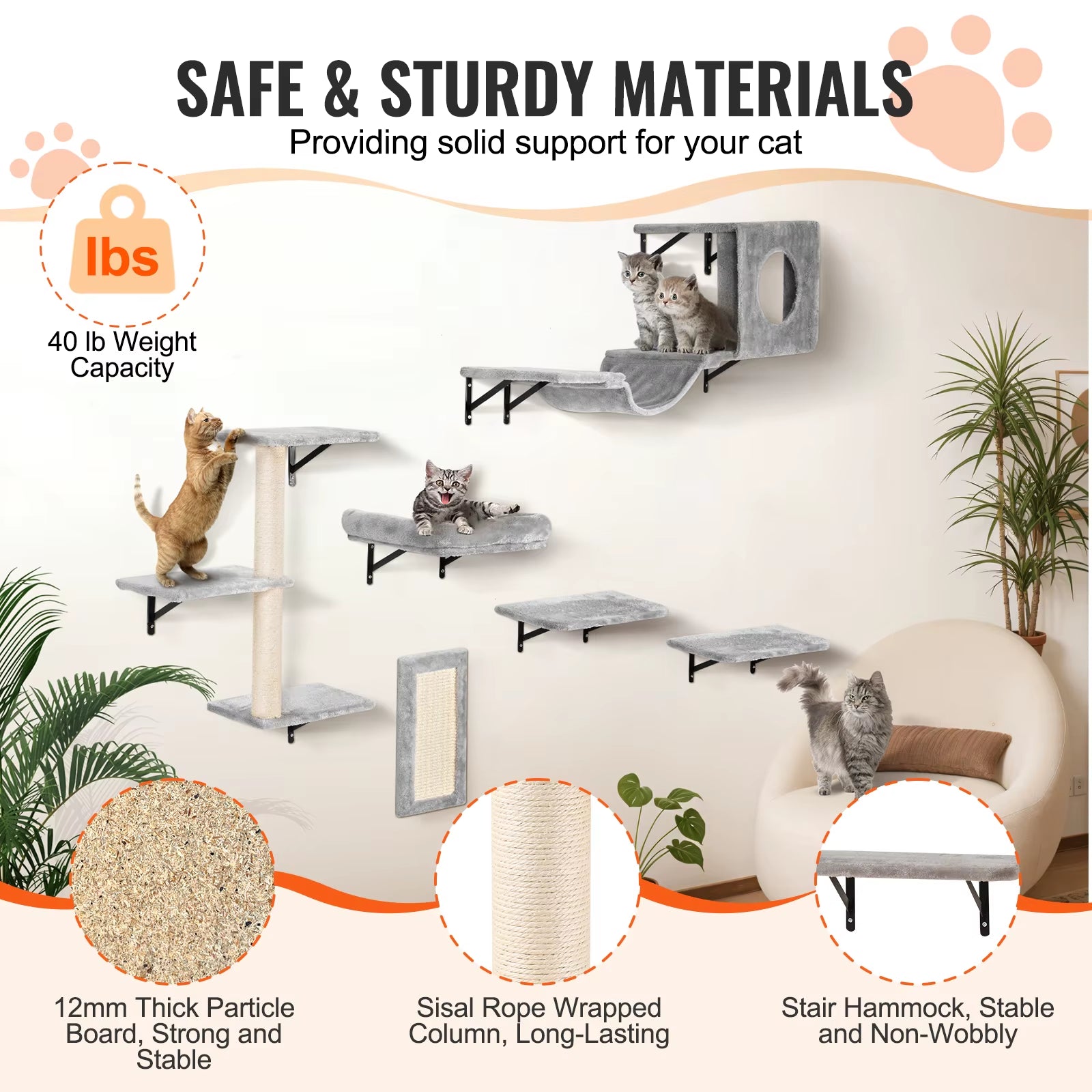 Succebuy Wall Mounted Cat Shelves Cat Wall Shelves and Perches with Jumping Boards Cat Tree & Cat Grip Cat Furniture and Shelves